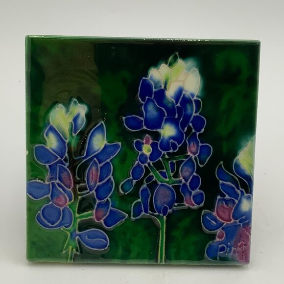 Hand Painted Texas Bluebonnet Flowers Square Ceramic Tile Raised Details - Picture 2 of 8